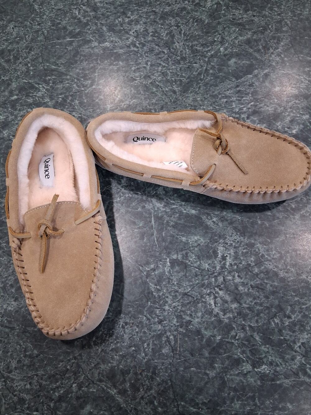 Quince Womens 10 Tan Shearling Genuine Suede Italian Driving Loafers Moccasins